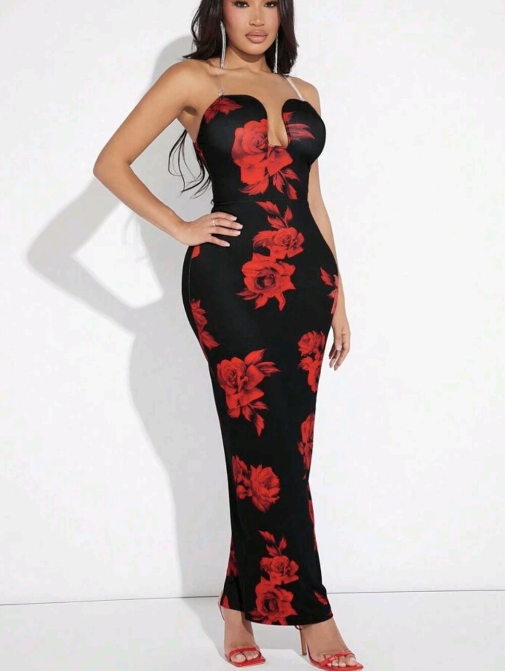 NWT Shein Black Maxi Dress Red Rose Print Sweetheart Neckline Back Slit Size L